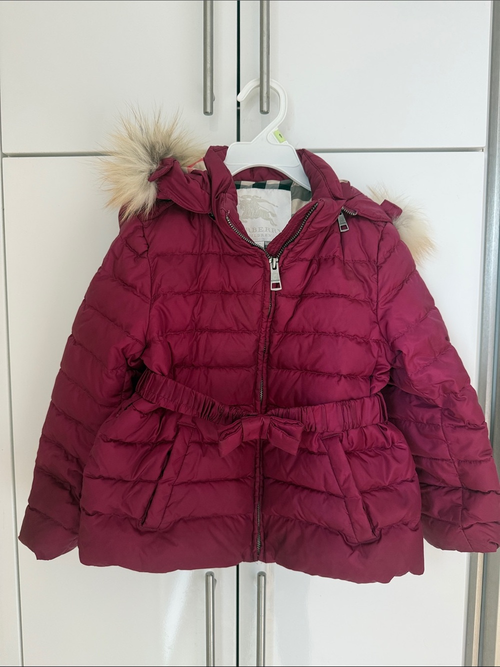 Burberry Girls' Wine Quilted Puffer Jacket with Faux Fur Hood